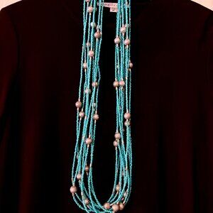 Turquoise Seed Beed and Silver balls long necklace